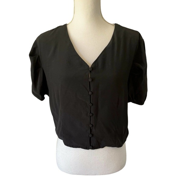 QED London Black Button Front Short Puff Sleeve Crop Top Size 10 - Picture 3 of 6